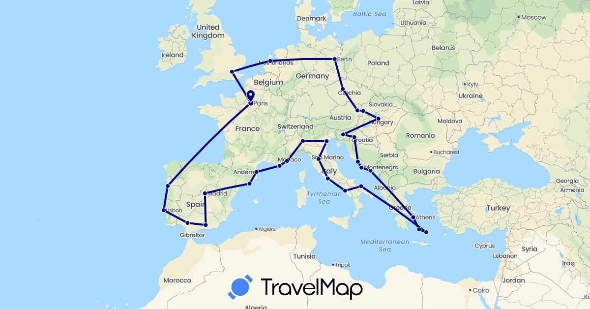 TravelMap itinerary: driving in Austria, Czech Republic, Germany, Spain, France, United Kingdom, Greece, Croatia, Hungary, Italy, Netherlands, Portugal, Slovenia, Slovakia (Europe)